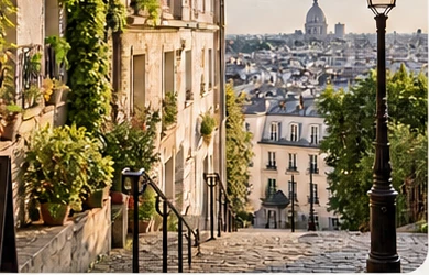 City street leading towards the Paris skyline
